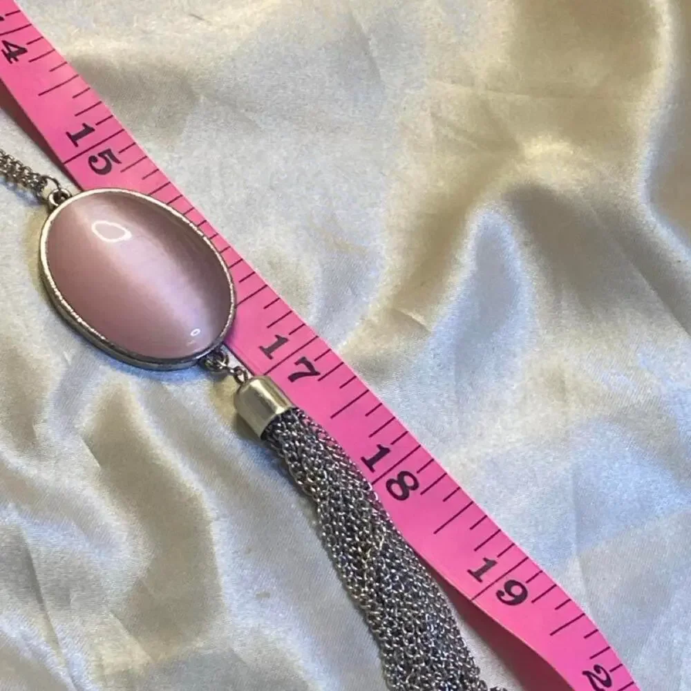 Vintage Long Pink Cat’s Eye Glass Tassel Necklace Silver Tone Retro 1970s